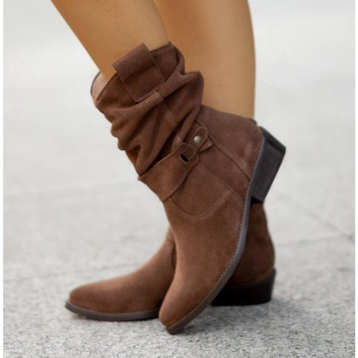 Mia | Women's Suede Block-Heel Ankle Boots Slouchy Zip-Up