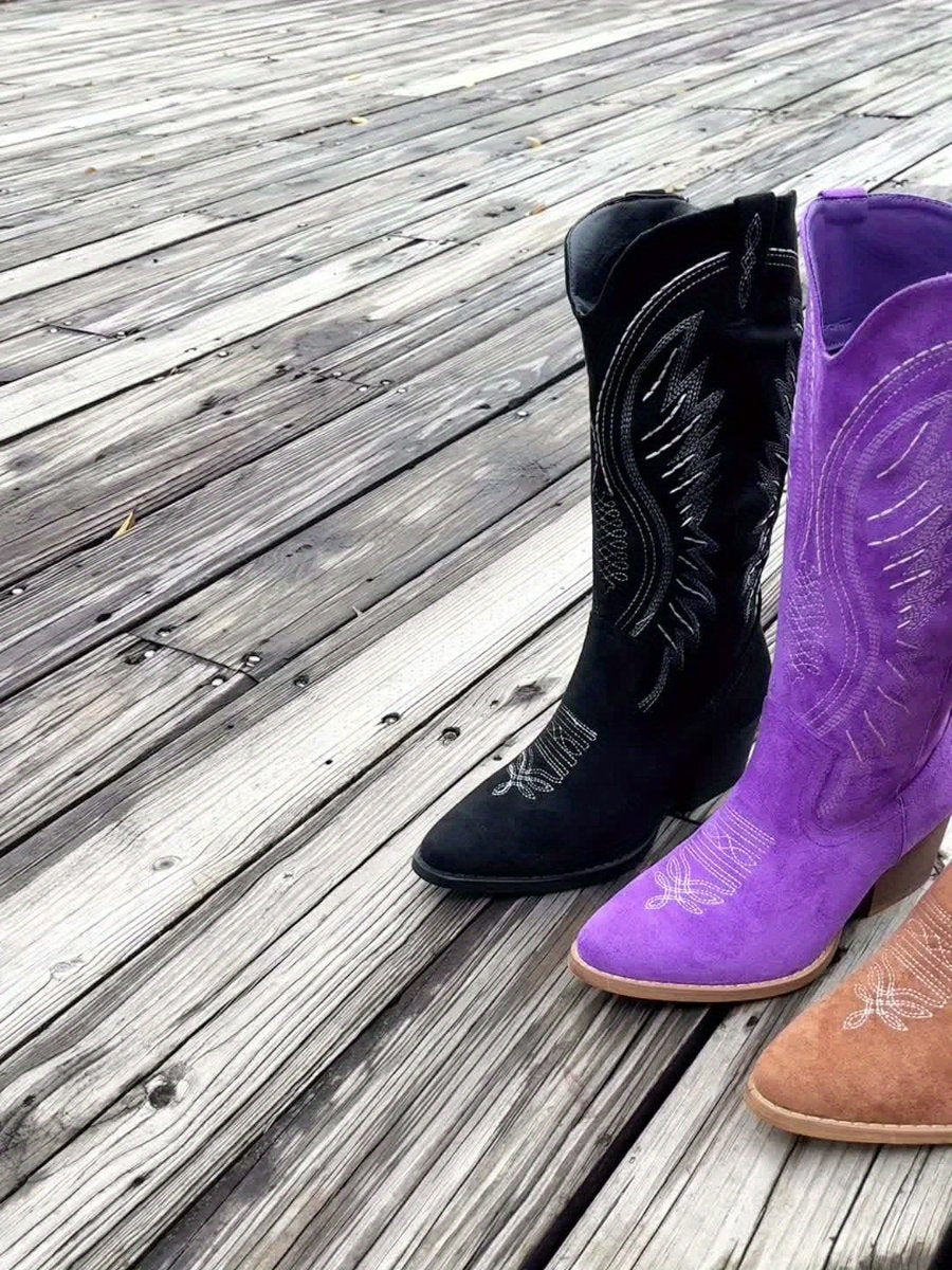 Ella | Women's Suede Embroidered Block-Heel Knee-High Western Boots