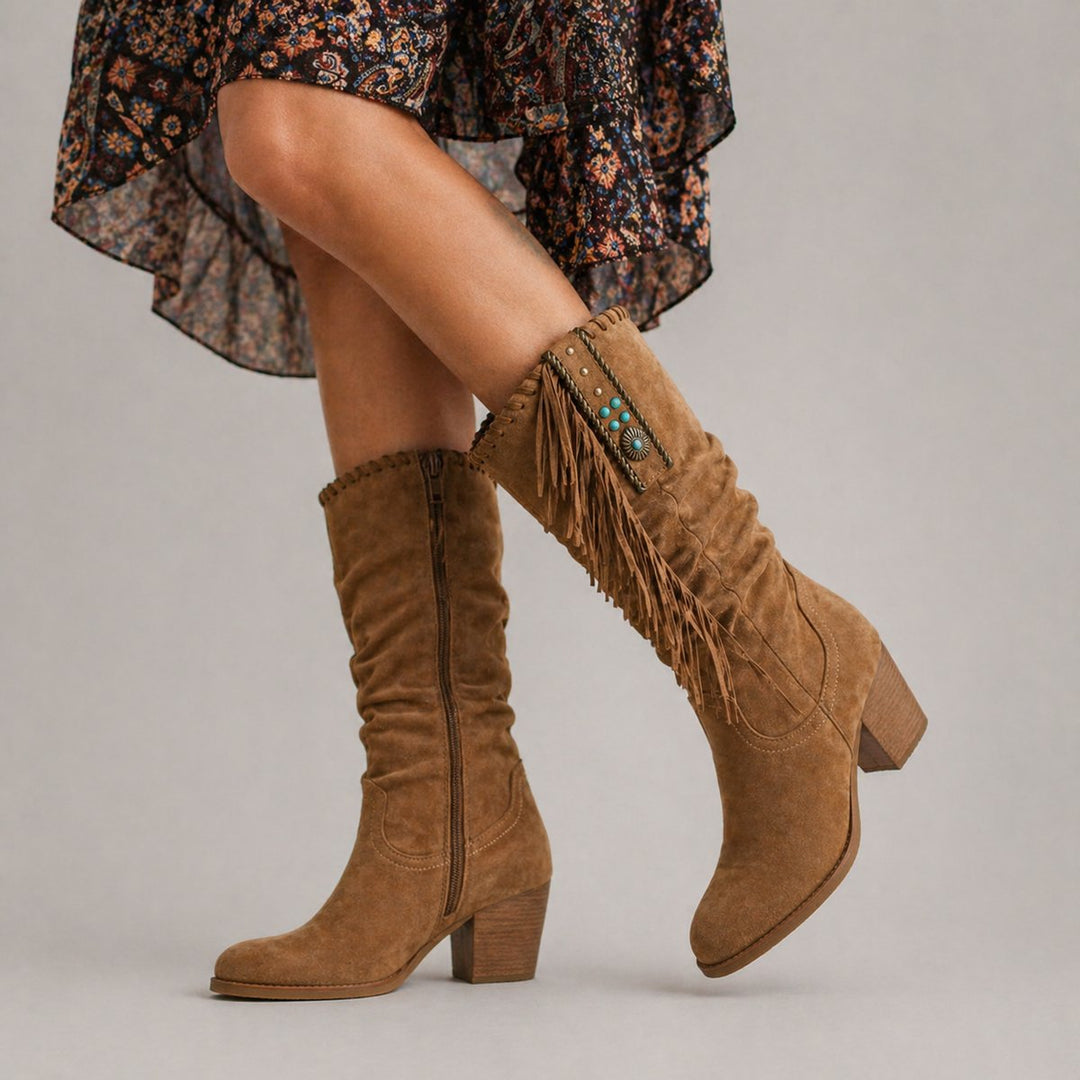 Mia | Women's Suede Knee-High Block-Heel Fringe Western Boots