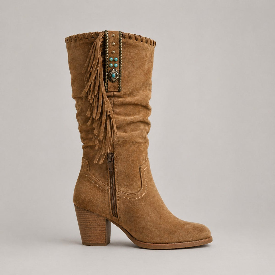 Mia | Women's Suede Knee-High Block-Heel Fringe Western Boots
