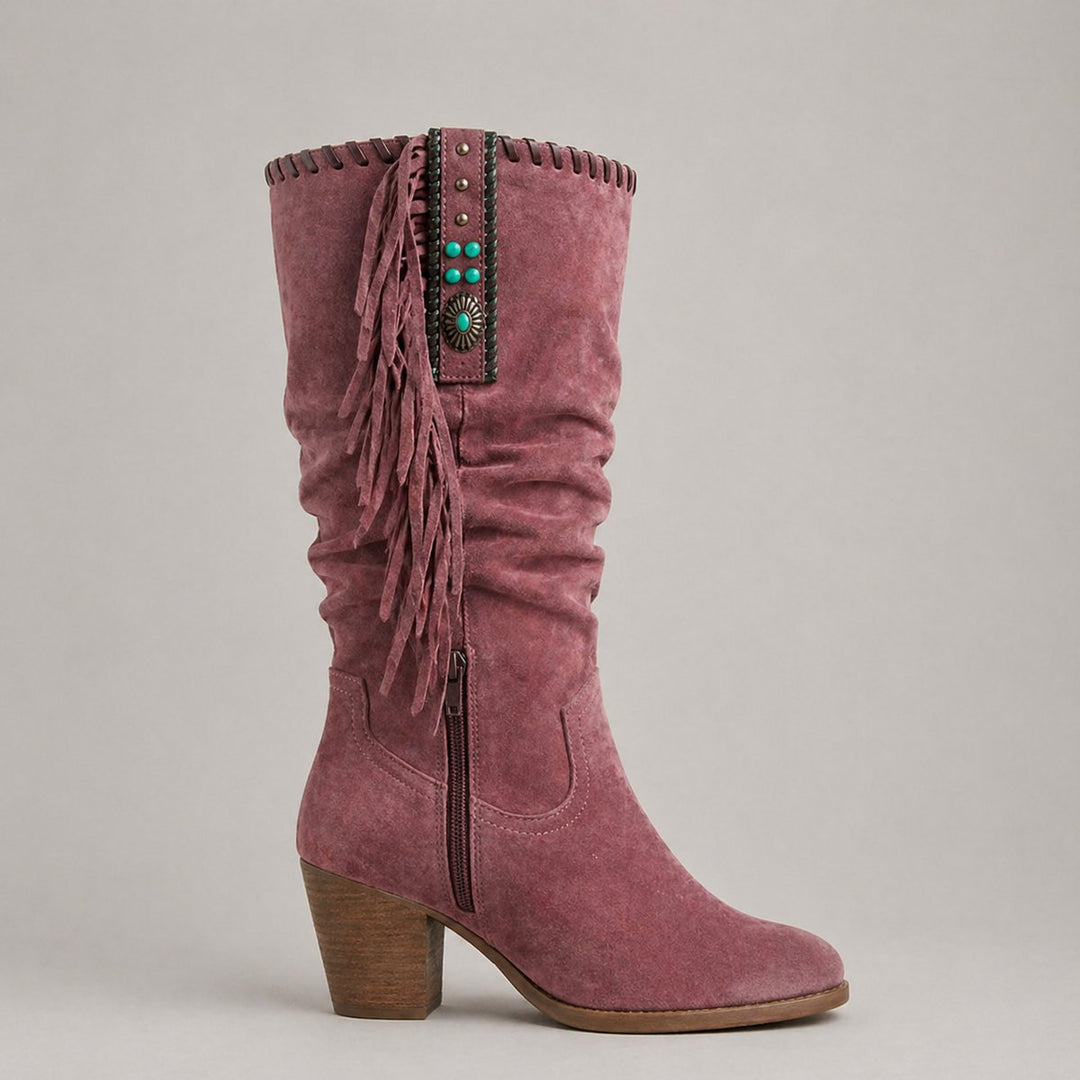 Mia | Women's Suede Knee-High Block-Heel Fringe Western Boots