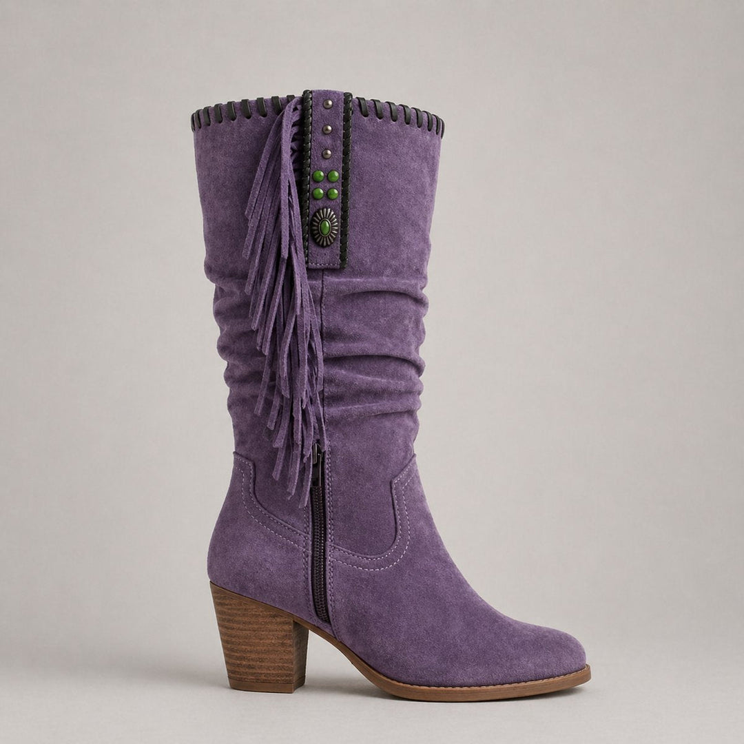 Mia | Women's Suede Knee-High Block-Heel Fringe Western Boots