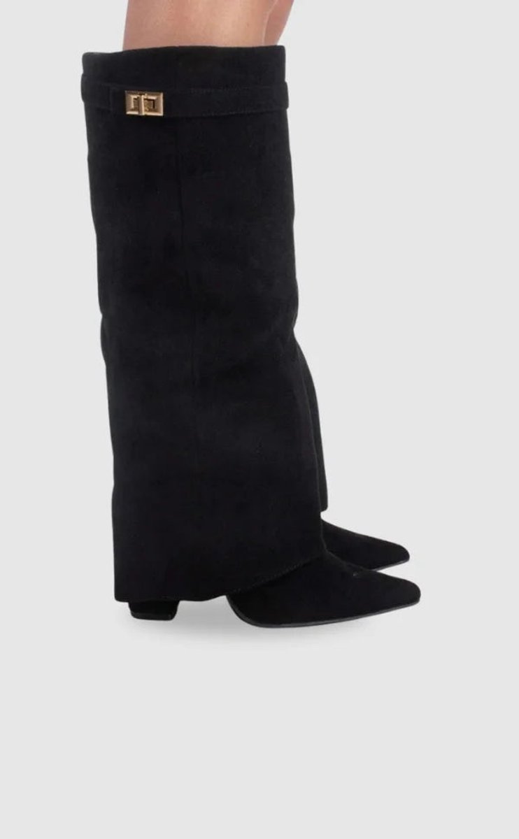Phoebe | Women's Suede Knee-High Heeled Boots Gold-Lock Fold-Over Detail
