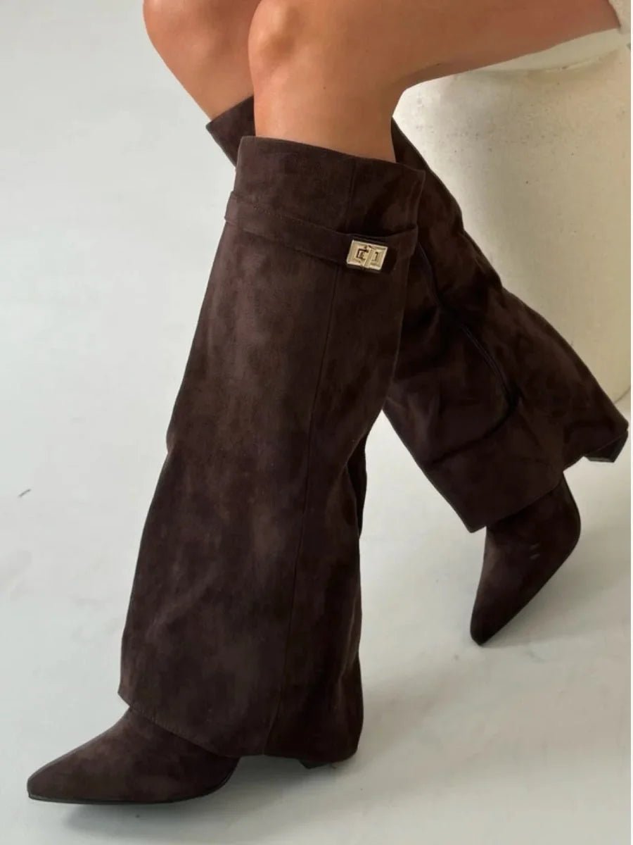 Phoebe | Women's Suede Knee-High Heeled Boots Gold-Lock Fold-Over Detail