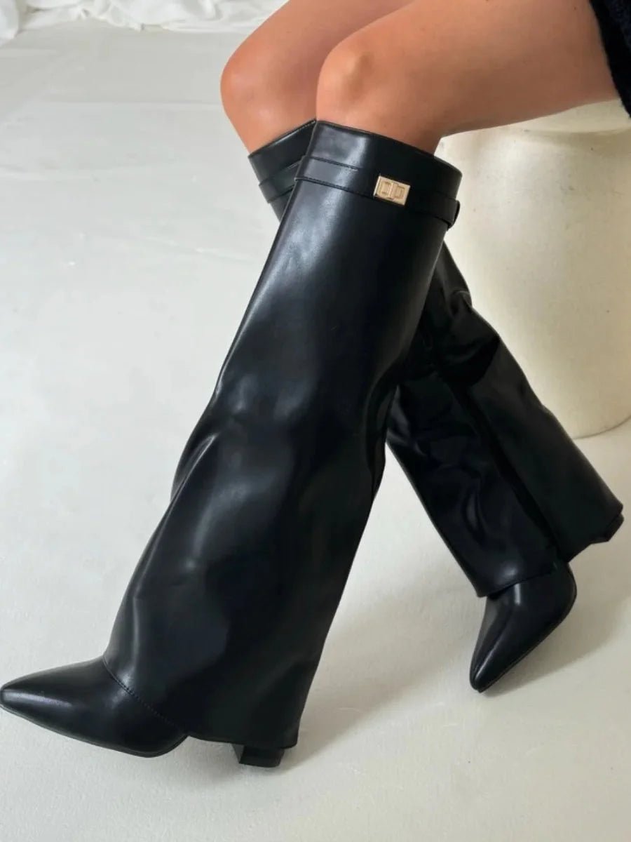 Phoebe | Women's Suede Knee-High Heeled Boots Gold-Lock Fold-Over Detail