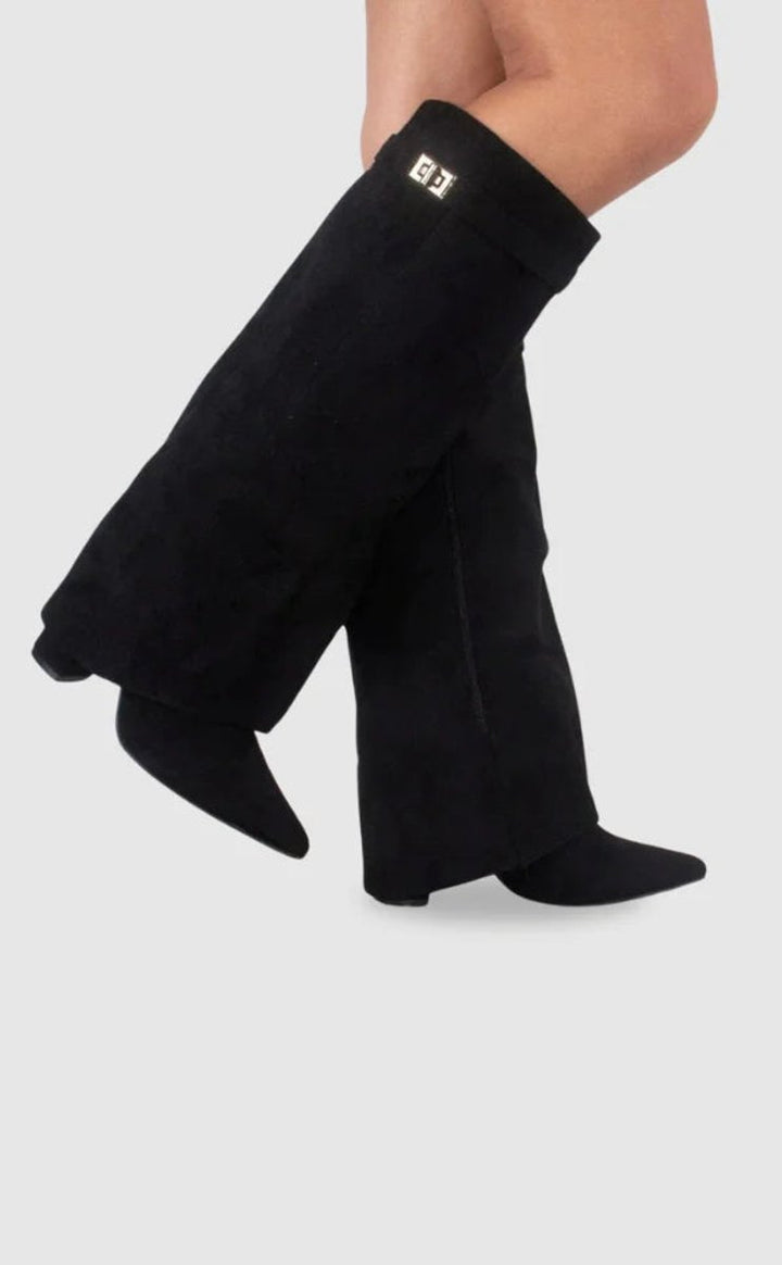 Phoebe | Women's Suede Knee-High Heeled Boots Gold-Lock Fold-Over Detail