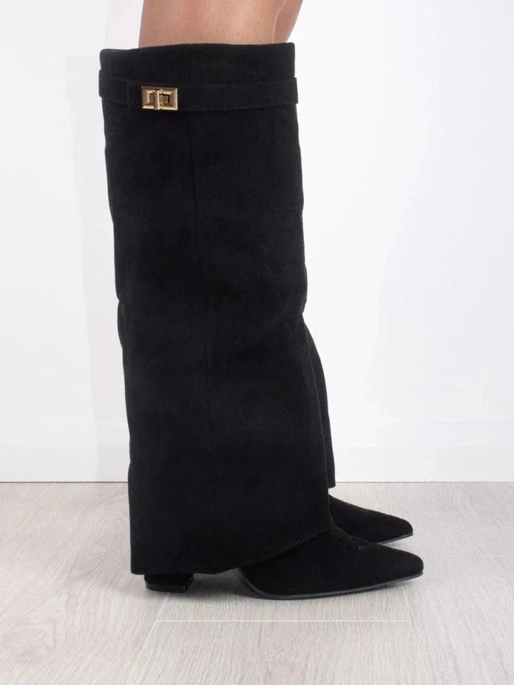 Phoebe | Women's Suede Knee-High Heeled Boots Gold-Lock Fold-Over Detail