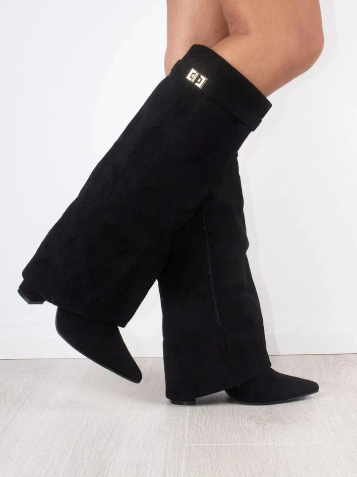 Phoebe | Women's Suede Knee-High Heeled Boots Gold-Lock Fold-Over Detail