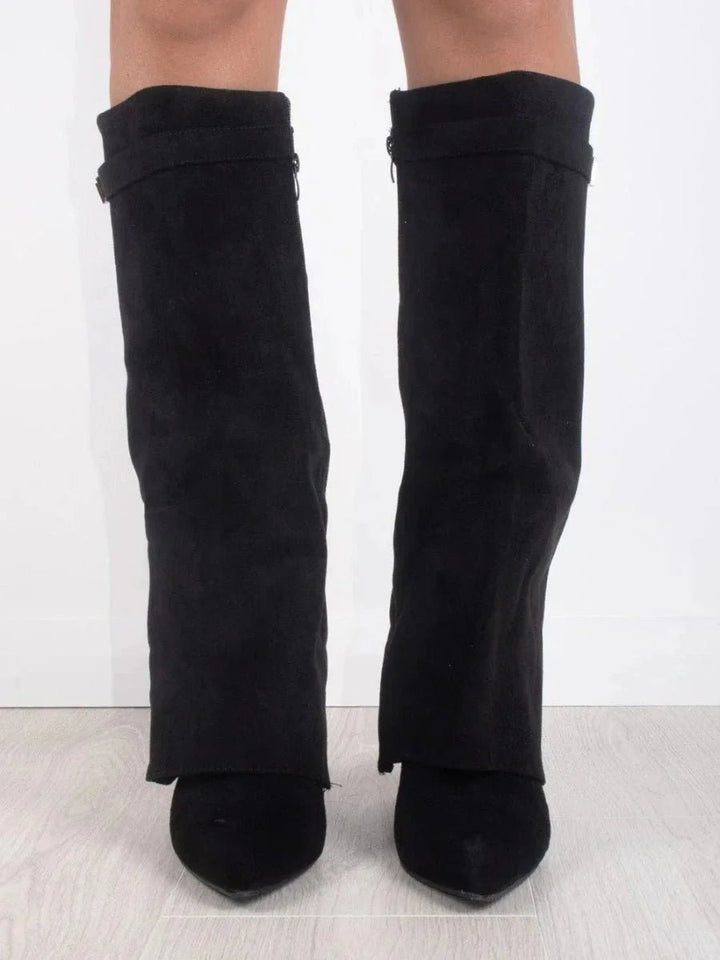 Phoebe | Women's Suede Knee-High Heeled Boots Gold-Lock Fold-Over Detail