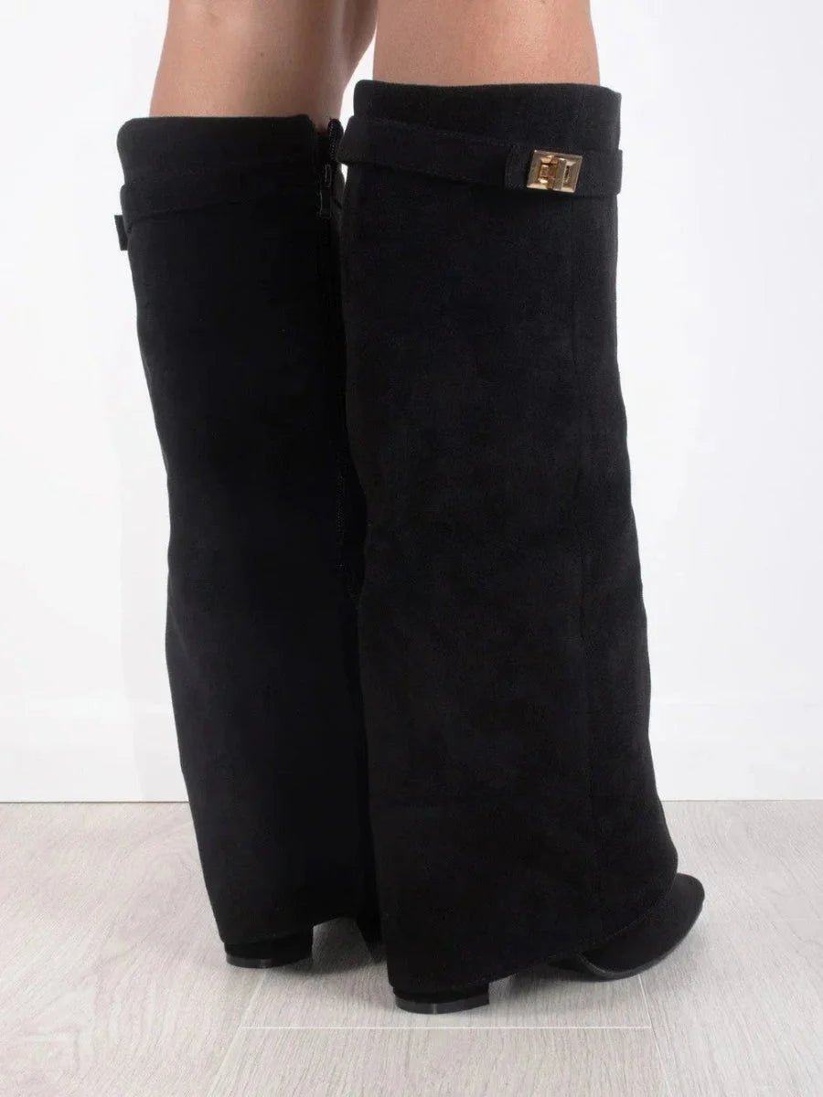 Phoebe | Women's Suede Knee-High Heeled Boots Gold-Lock Fold-Over Detail