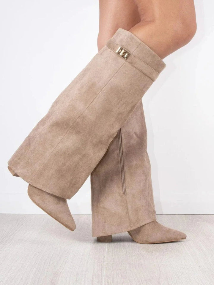 Phoebe | Women's Suede Knee-High Heeled Boots Gold-Lock Fold-Over Detail