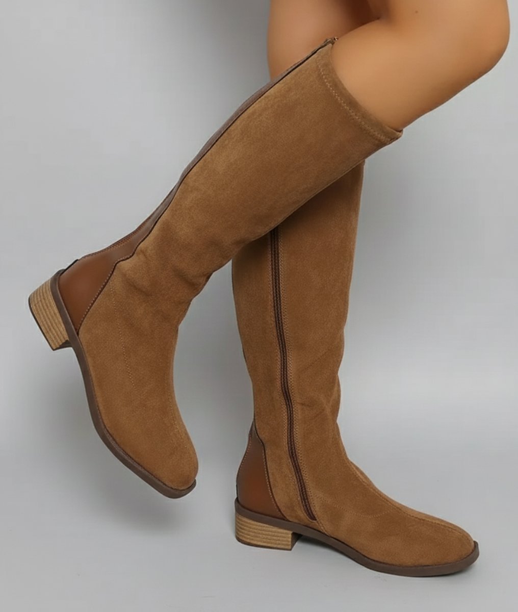 Sophie | Women's Suede Look Knee-High Block Heel Boots Side Zip
