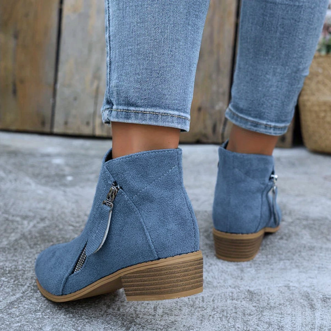 Olivia | Women's Suede Zip-Up Block-Heel Ankle Boots