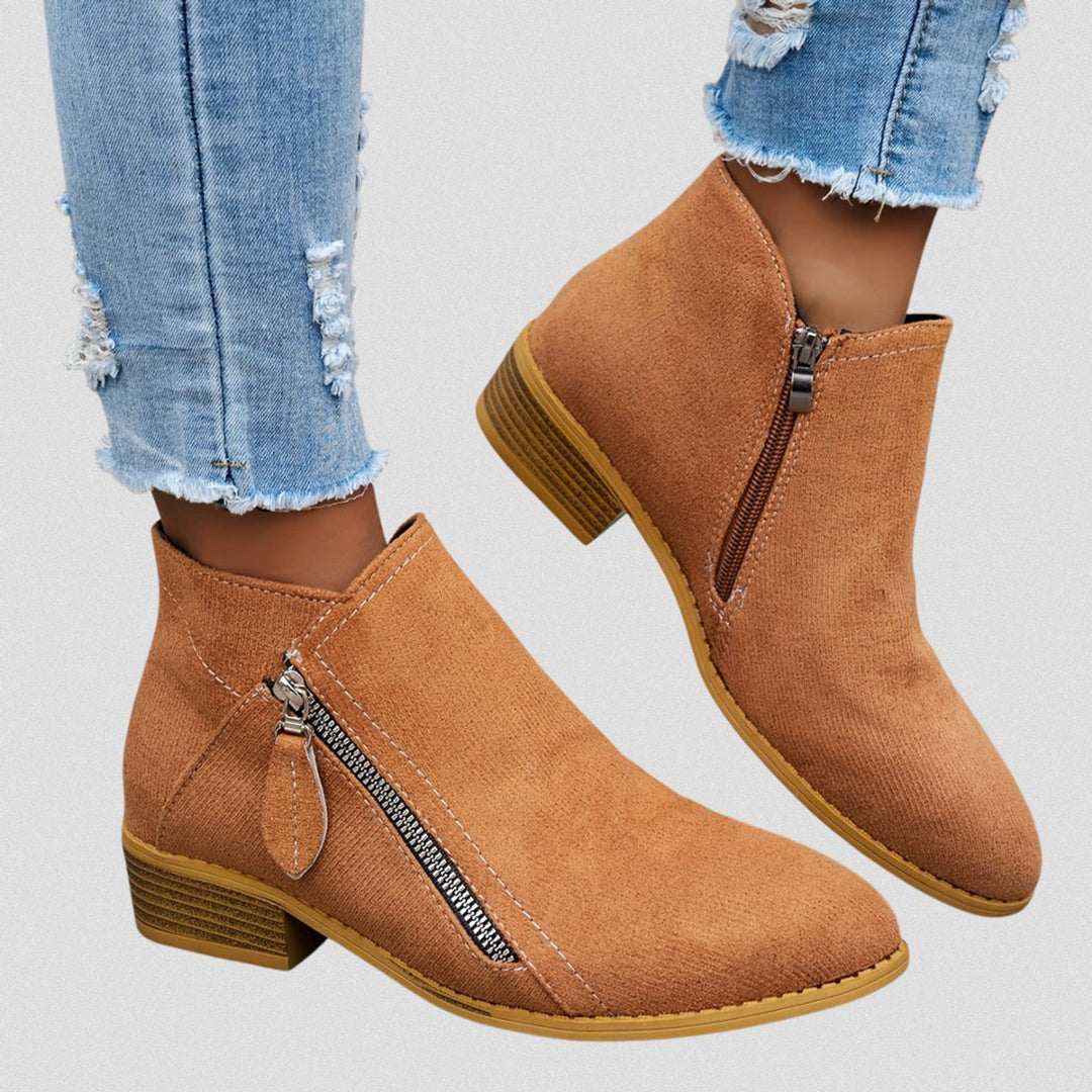 Olivia | Women's Suede Zip-Up Block-Heel Ankle Boots