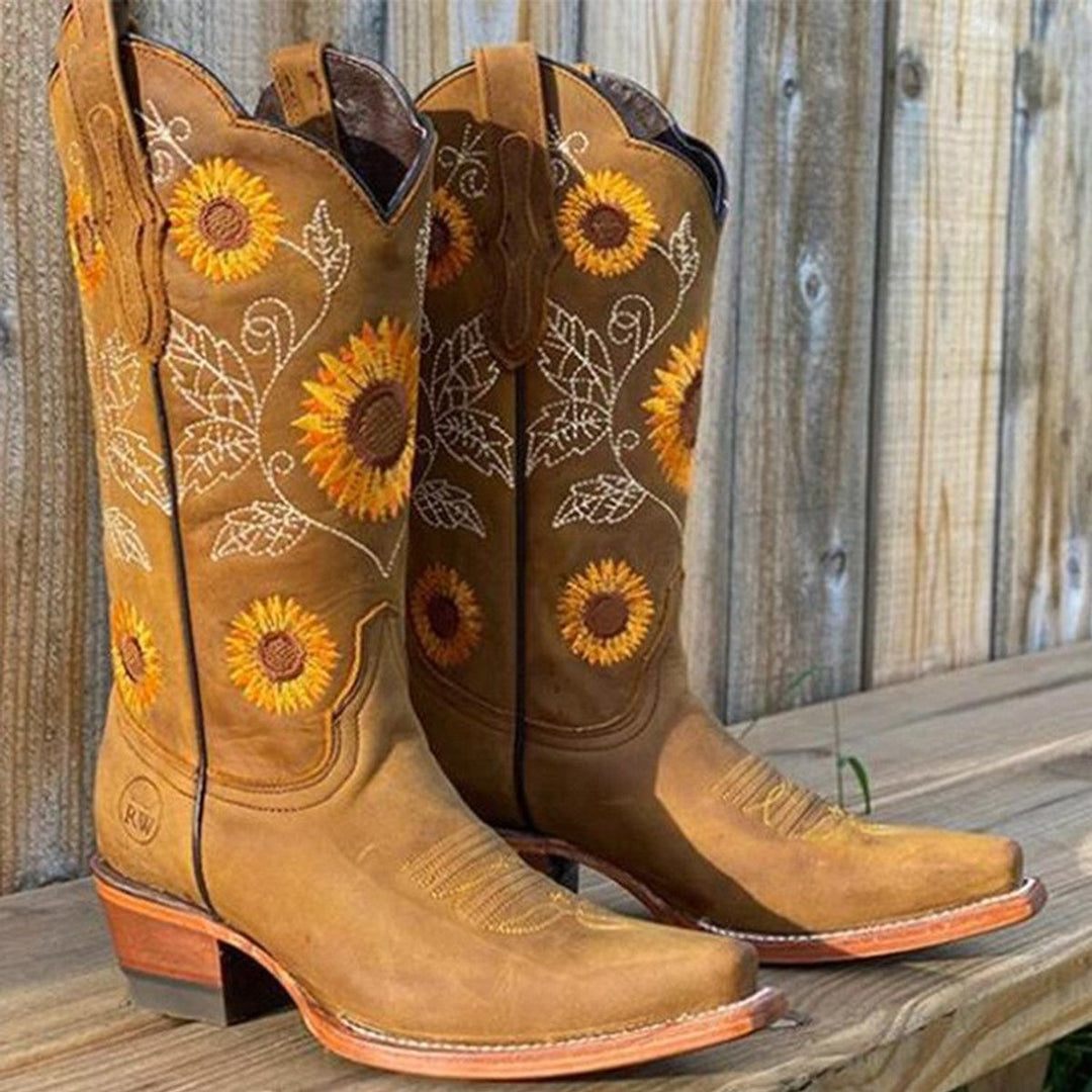 Mia | Women's Sunflower-Embroidered Knee-High Western Cowboy Boots