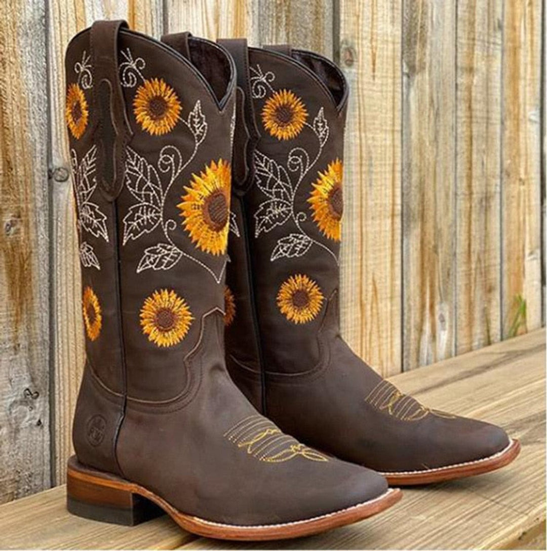 Mia | Women's Sunflower-Embroidered Knee-High Western Cowboy Boots