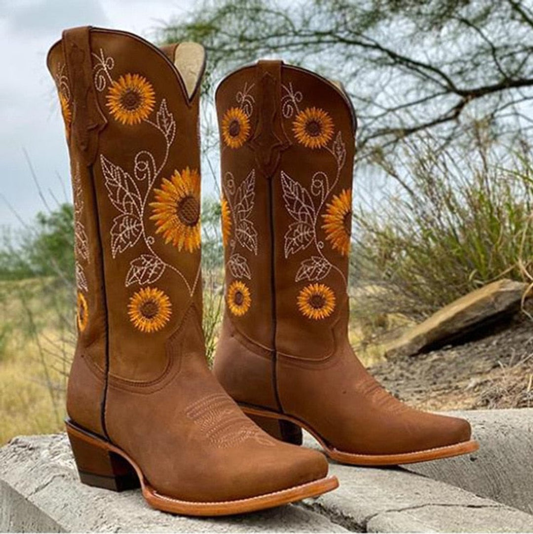Mia | Women's Sunflower-Embroidered Knee-High Western Cowboy Boots