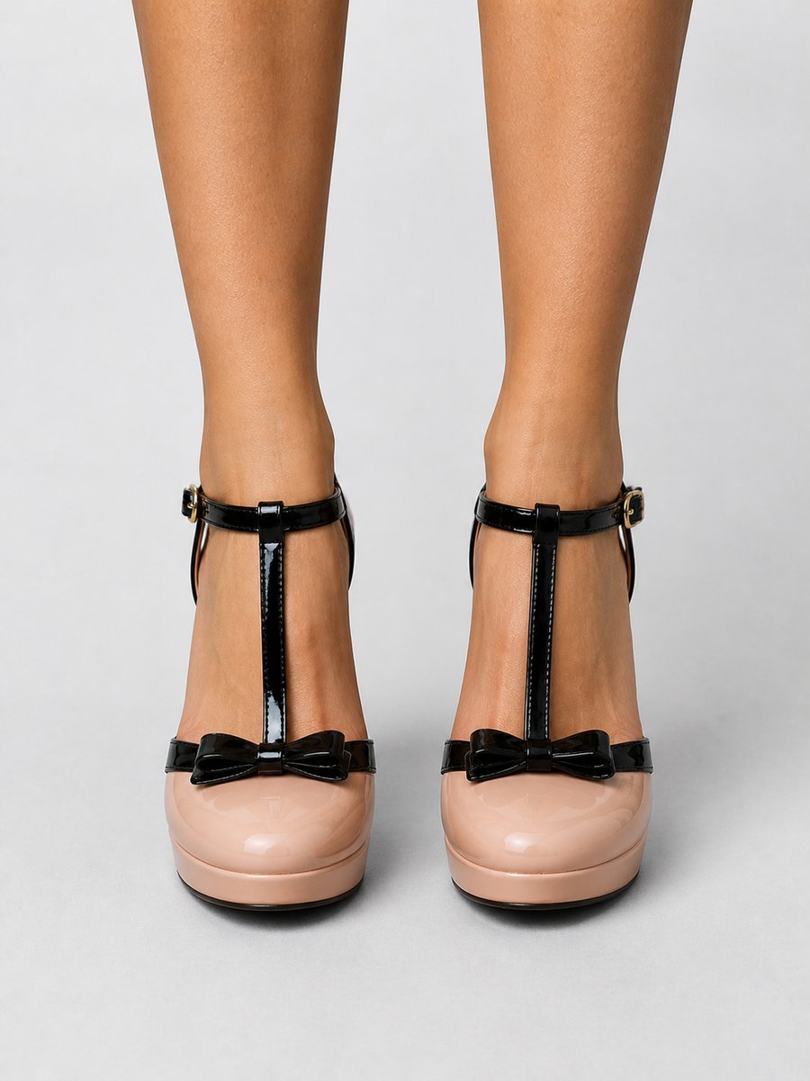 Olivia | Women's T-Bar Platform Stiletto Heels Bow Detail Court Shoes