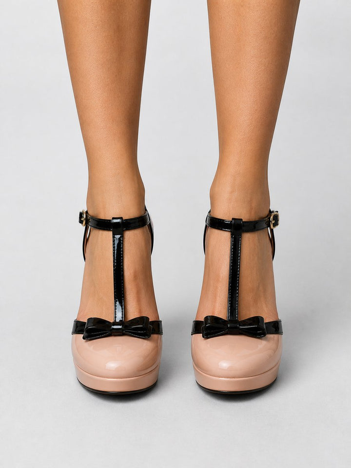 Olivia | Women's T-Bar Platform Stiletto Heels Bow Detail Court Shoes