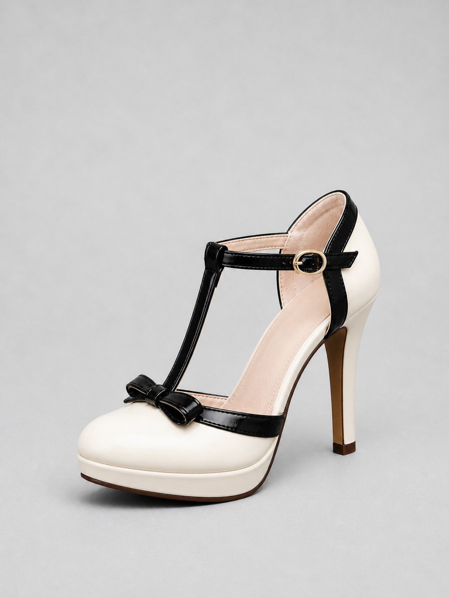 Olivia | Women's T-Bar Platform Stiletto Heels Bow Detail Court Shoes