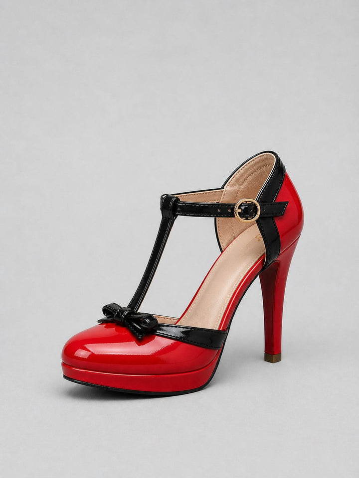 Olivia | Women's T-Bar Platform Stiletto Heels Bow Detail Court Shoes