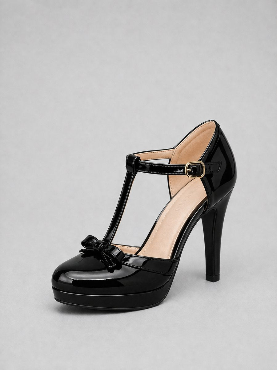 Olivia | Women's T-Bar Platform Stiletto Heels Bow Detail Court Shoes