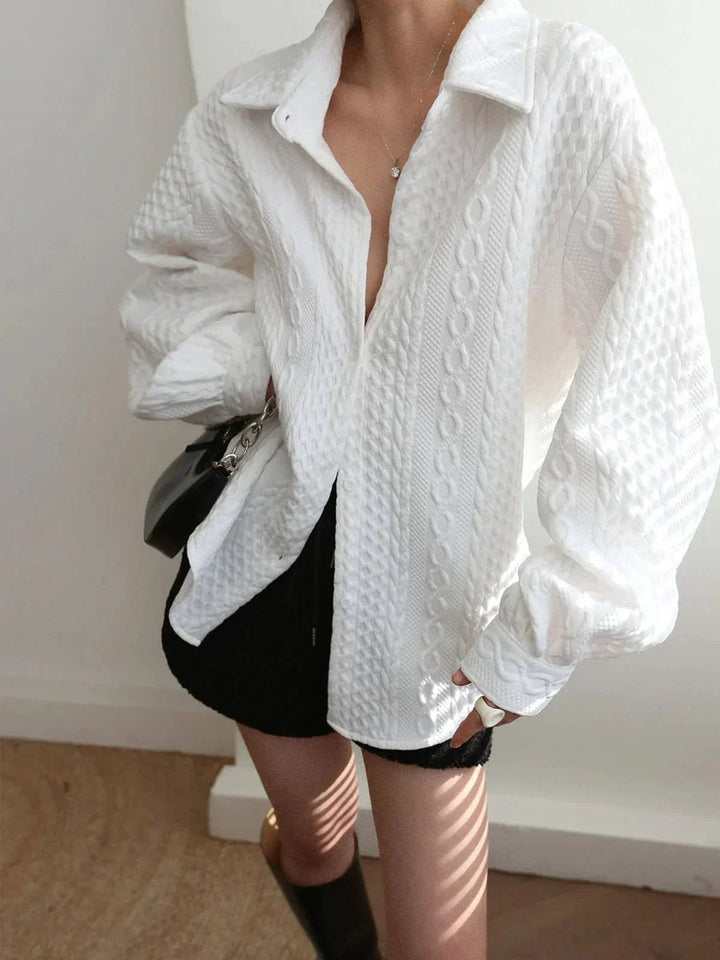 Mia | Women's Textured Long-Sleeve Blouse Balloon Sleeves Open Collar