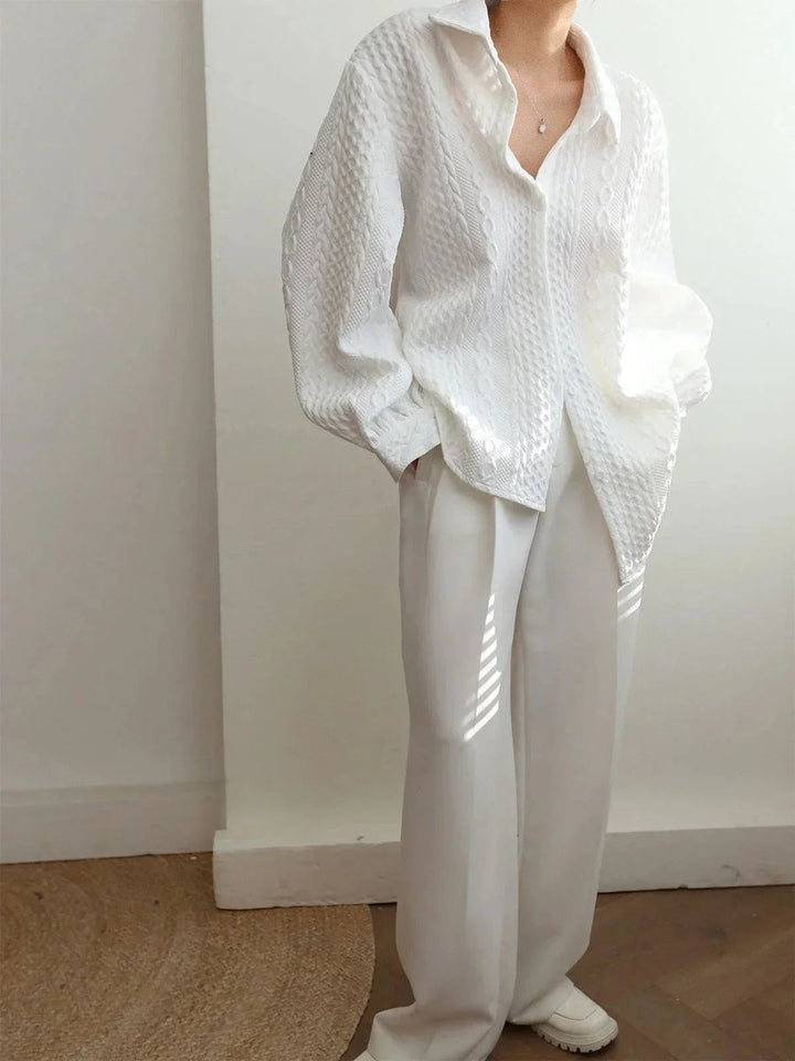 Mia | Women's Textured Long-Sleeve Blouse Balloon Sleeves Open Collar