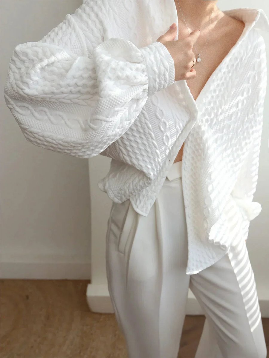 Mia | Women's Textured Long-Sleeve Blouse Balloon Sleeves Open Collar