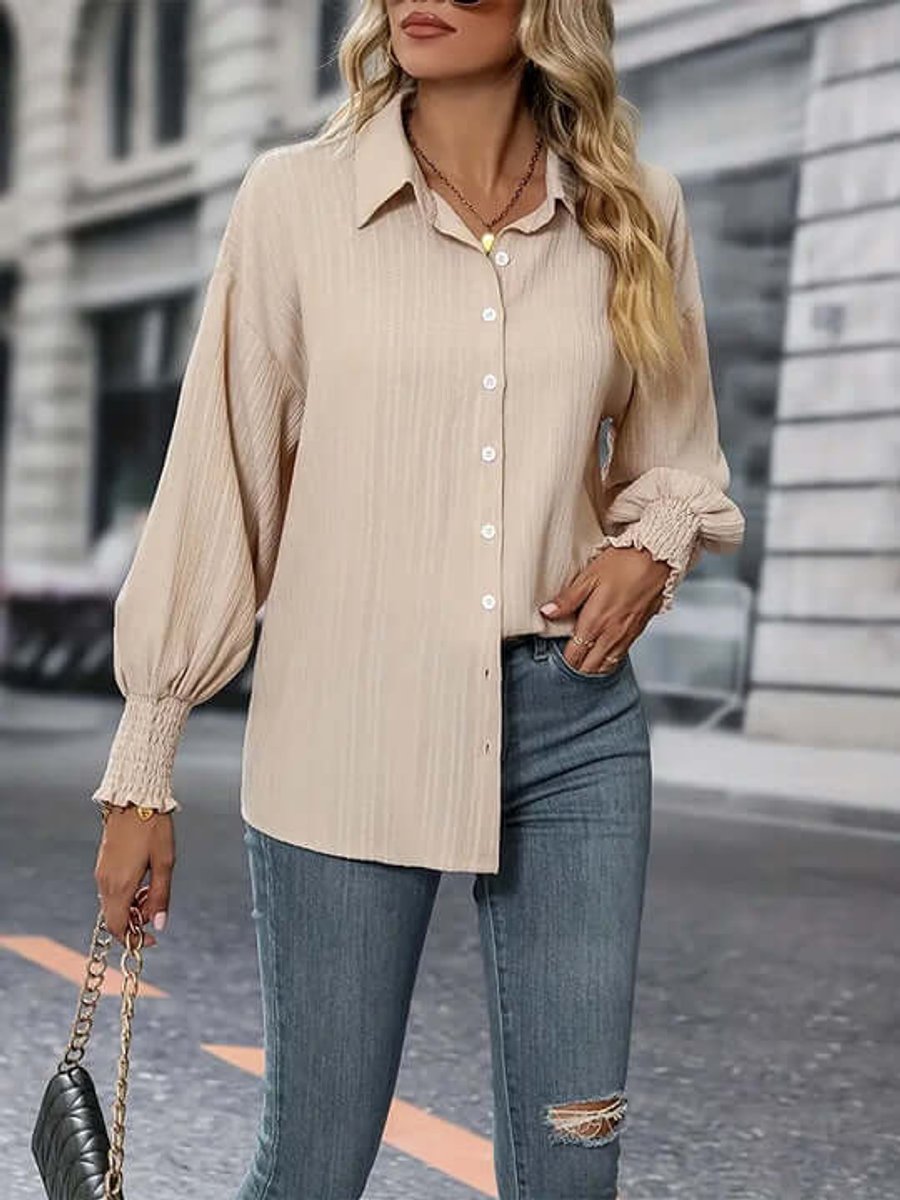 Florence | Women's Tie-Front Long-Sleeve Blouse Smocked Cuffs Button-Down