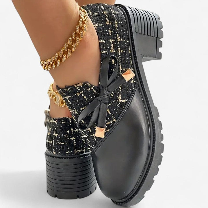 Evelyn | Women's Tweed Block-Heel Ankle Boots Bow-Detail Platform