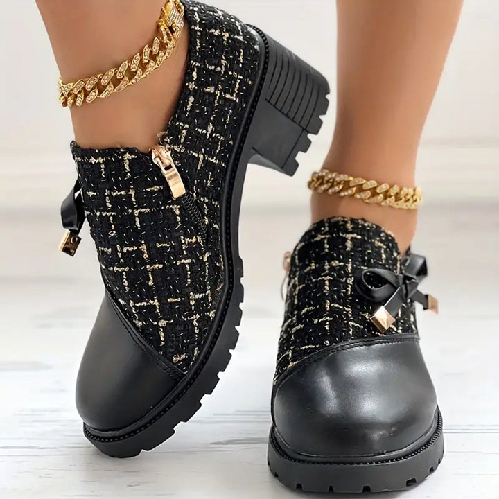 Evelyn | Women's Tweed Block-Heel Ankle Boots Bow-Detail Platform