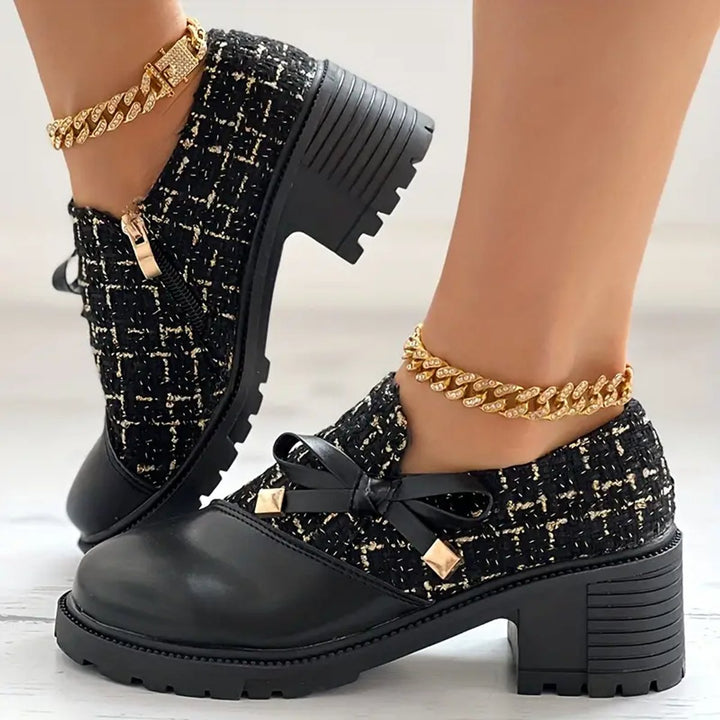 Evelyn | Women's Tweed Block-Heel Ankle Boots Bow-Detail Platform