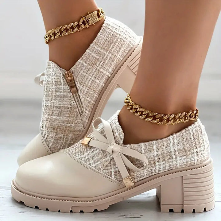 Evelyn | Women's Tweed Block-Heel Ankle Boots Bow-Detail Platform