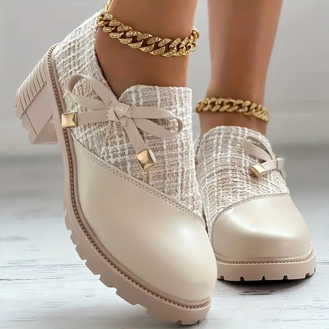 Evelyn | Women's Tweed Block-Heel Ankle Boots Bow-Detail Platform