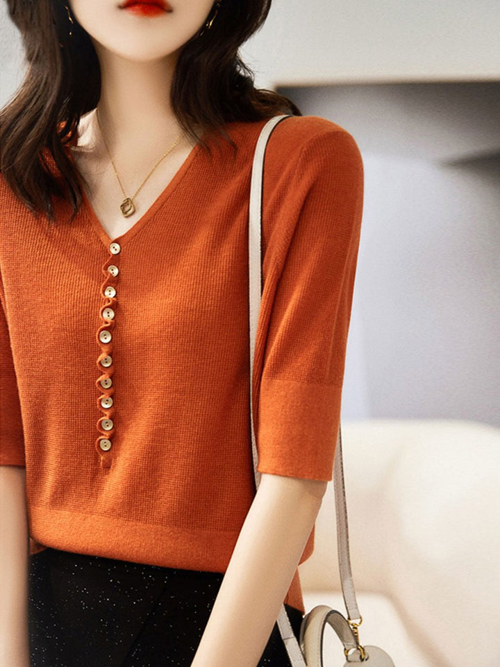 Phoebe | Women's Knitted V-Neck Jumper Button-Front Relaxed Fit