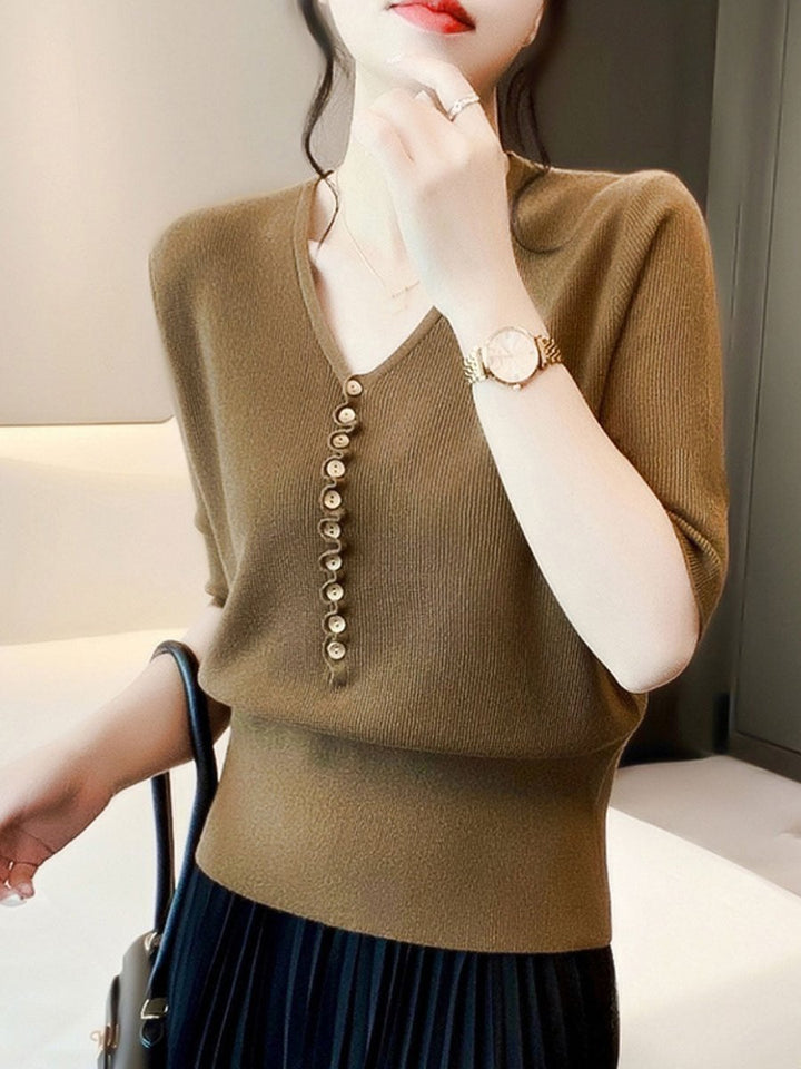 Phoebe | Women's Knitted V-Neck Jumper Button-Front Relaxed Fit
