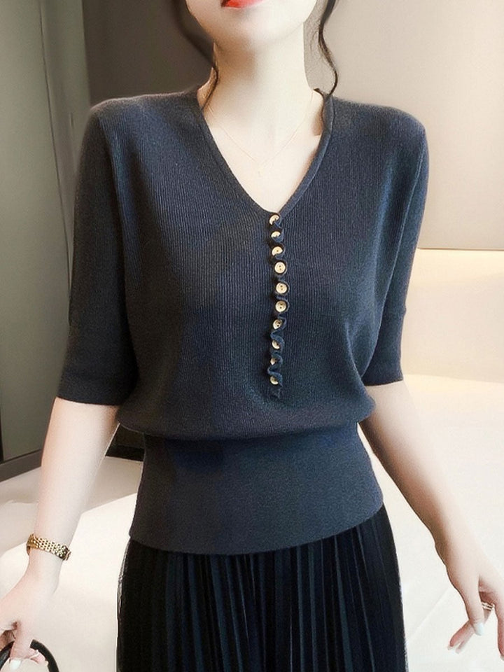 Phoebe | Women's Knitted V-Neck Jumper Button-Front Relaxed Fit