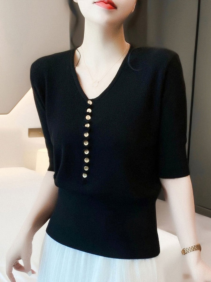Phoebe | Women's Knitted V-Neck Jumper Button-Front Relaxed Fit
