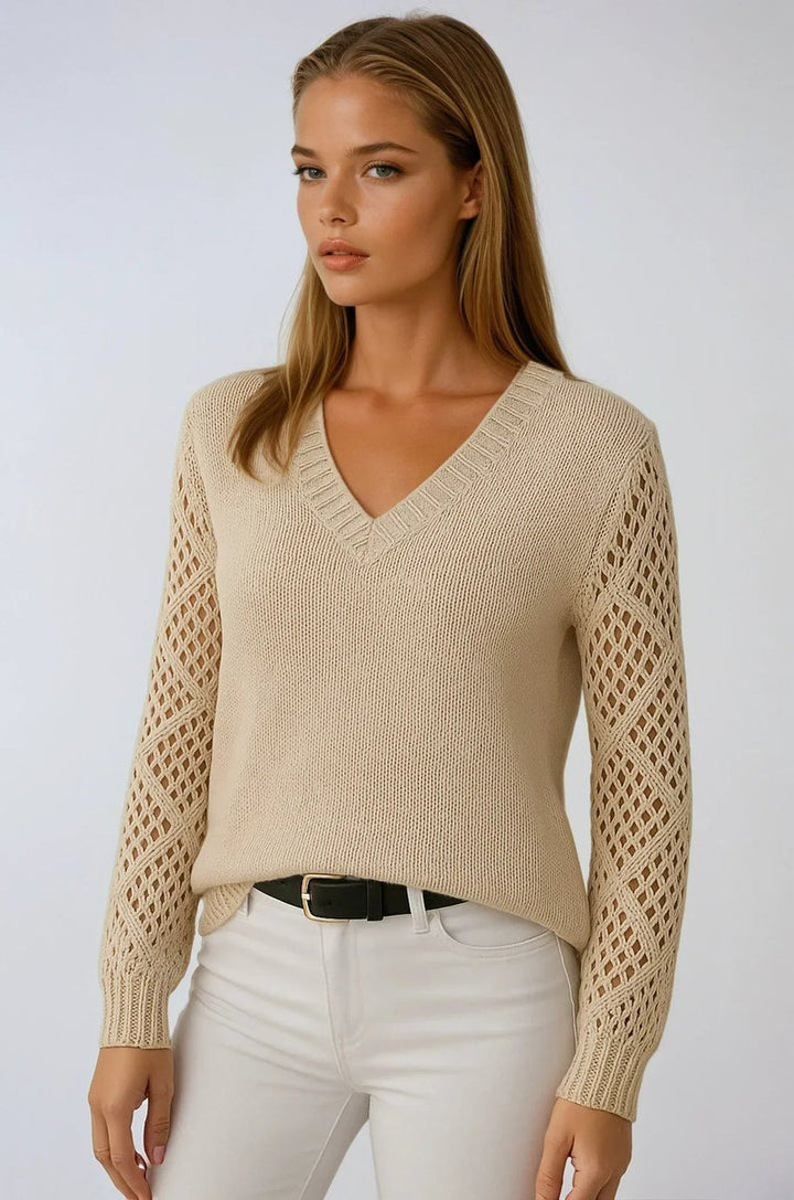 Lily | Women's V-Neck Knitted Jumper Openwork Crochet Sleeves