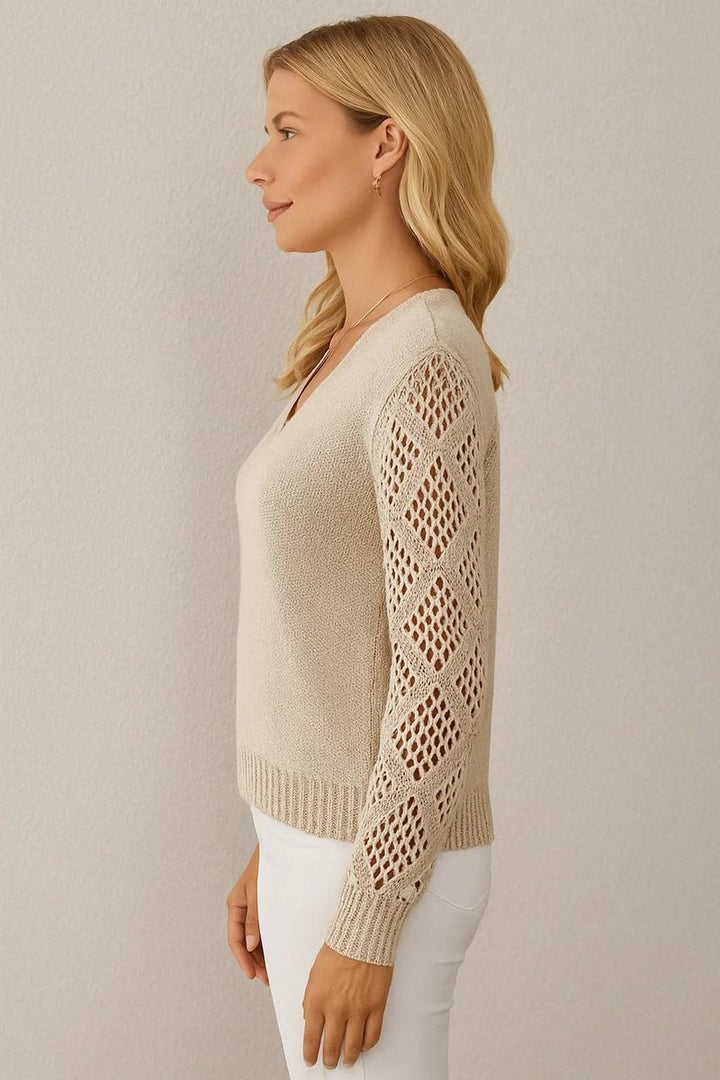 Lily | Women's V-Neck Knitted Jumper Openwork Crochet Sleeves