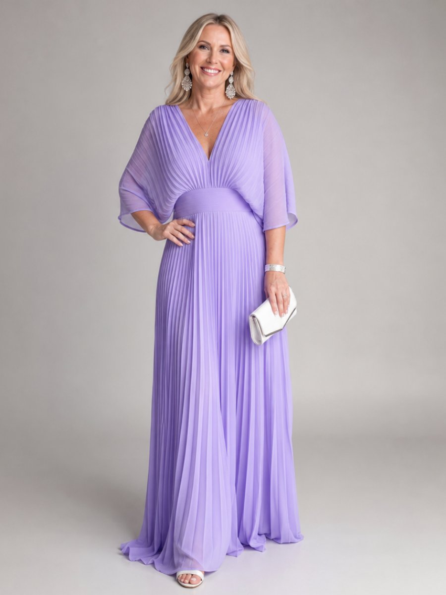 Sophie | Women's Pleated Chiffon Maxi Party Dress V-Neck Cape Sleeves
