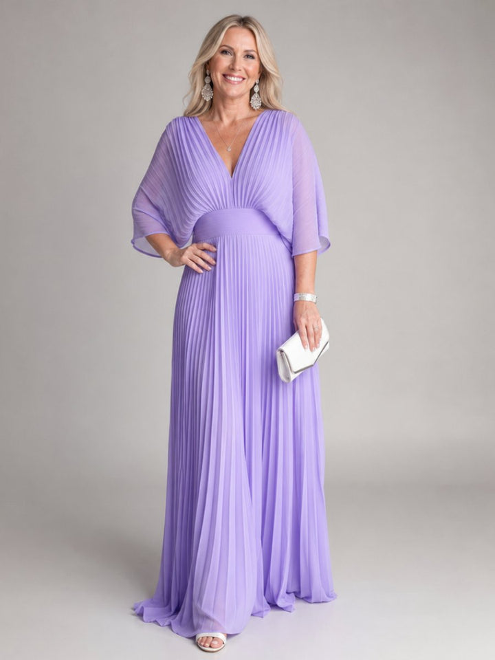 Sophie | Women's Pleated Chiffon Maxi Party Dress V-Neck Cape Sleeves