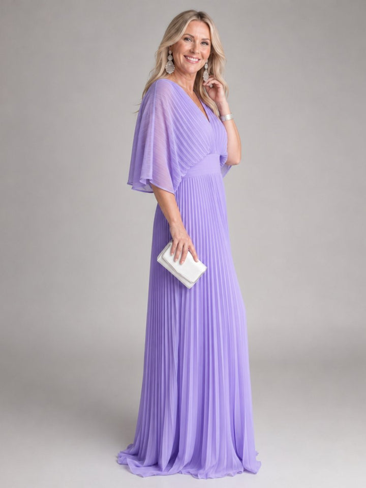 Sophie | Women's Pleated Chiffon Maxi Party Dress V-Neck Cape Sleeves