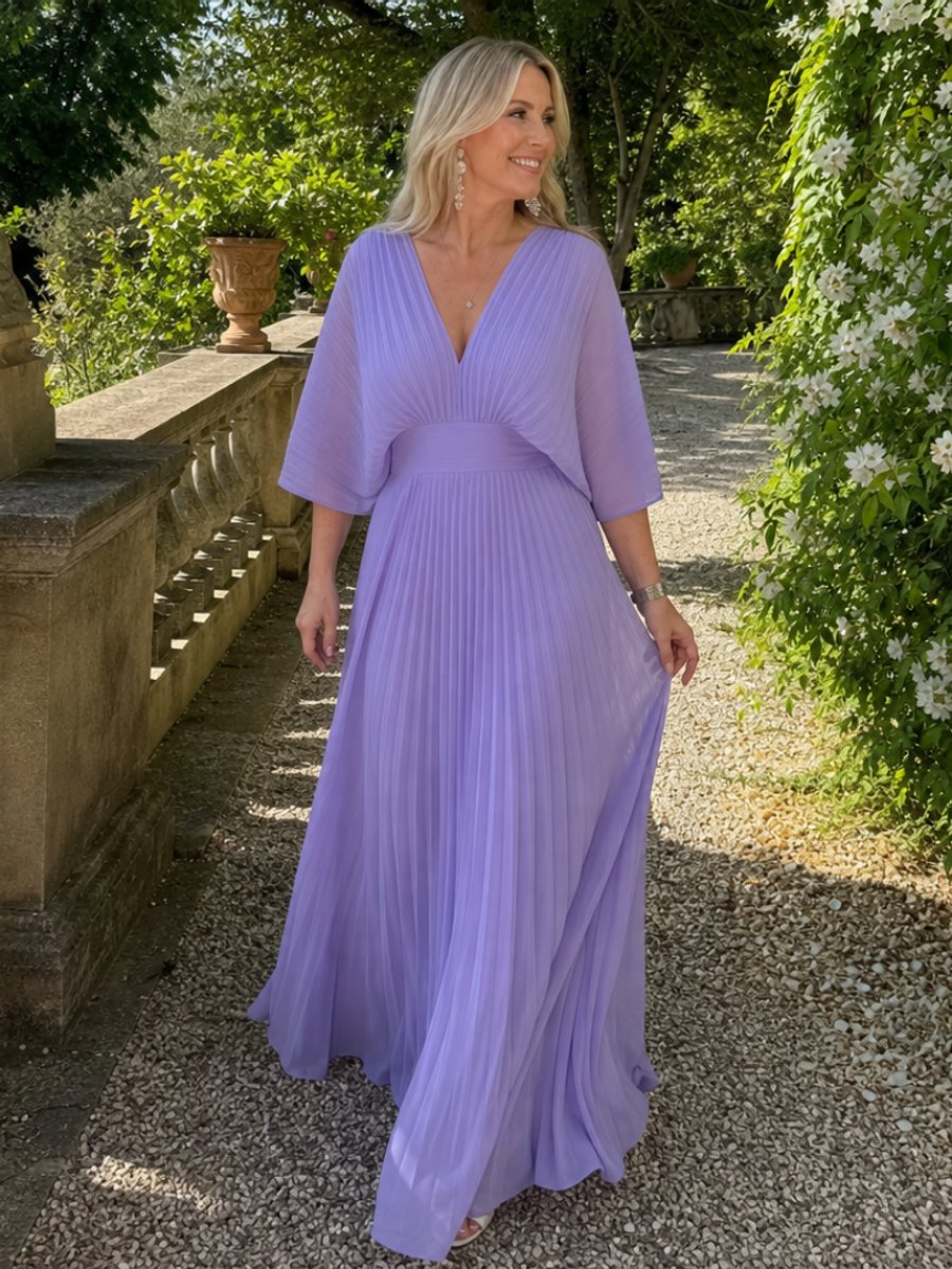 Sophie | Women's Pleated Chiffon Maxi Party Dress V-Neck Cape Sleeves