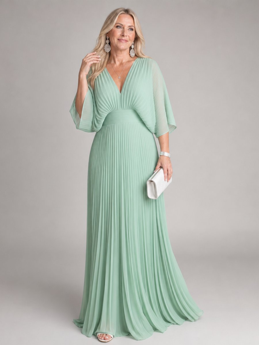 Sophie | Women's Pleated Chiffon Maxi Party Dress V-Neck Cape Sleeves