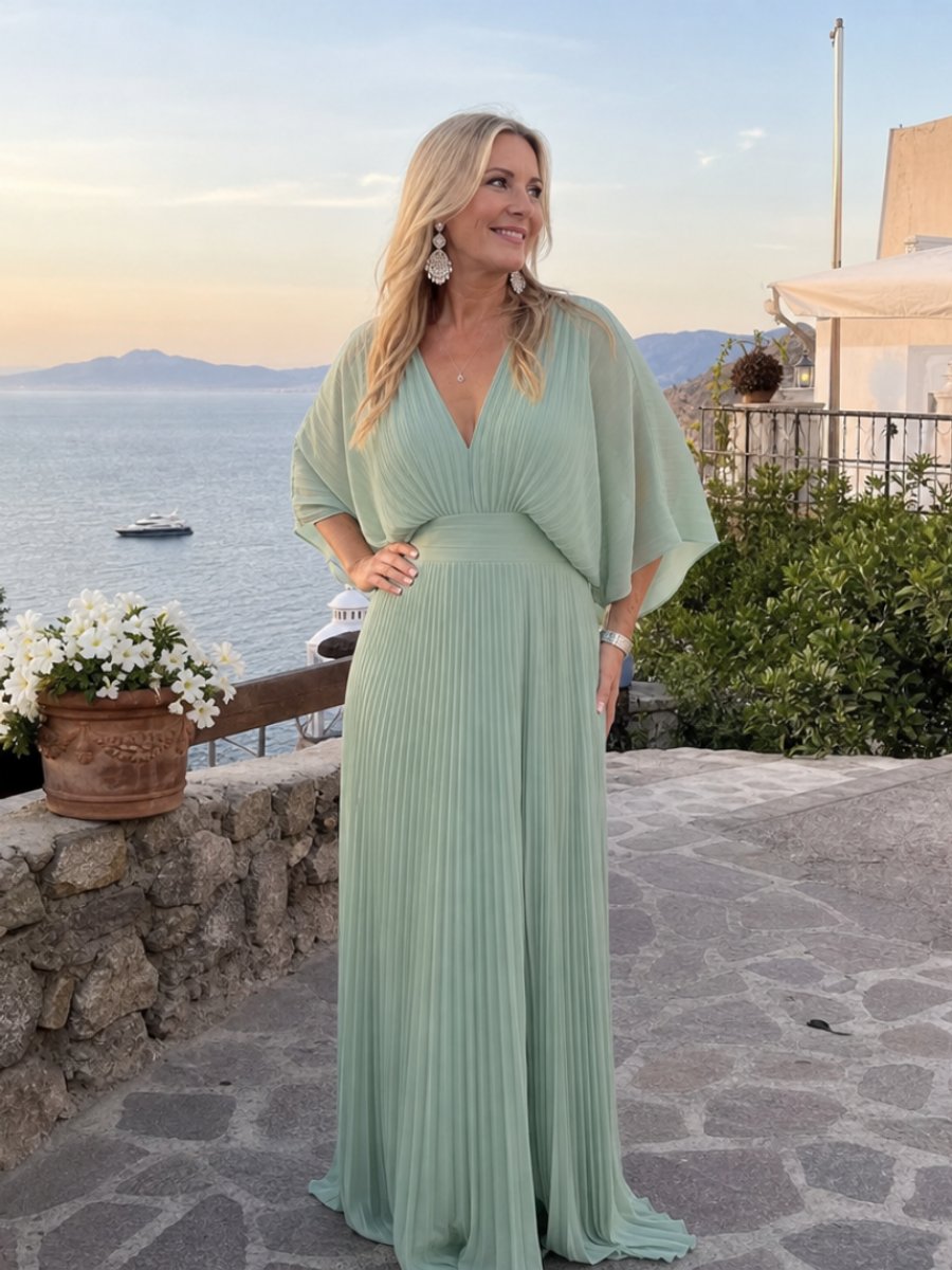Sophie | Women's Pleated Chiffon Maxi Party Dress V-Neck Cape Sleeves