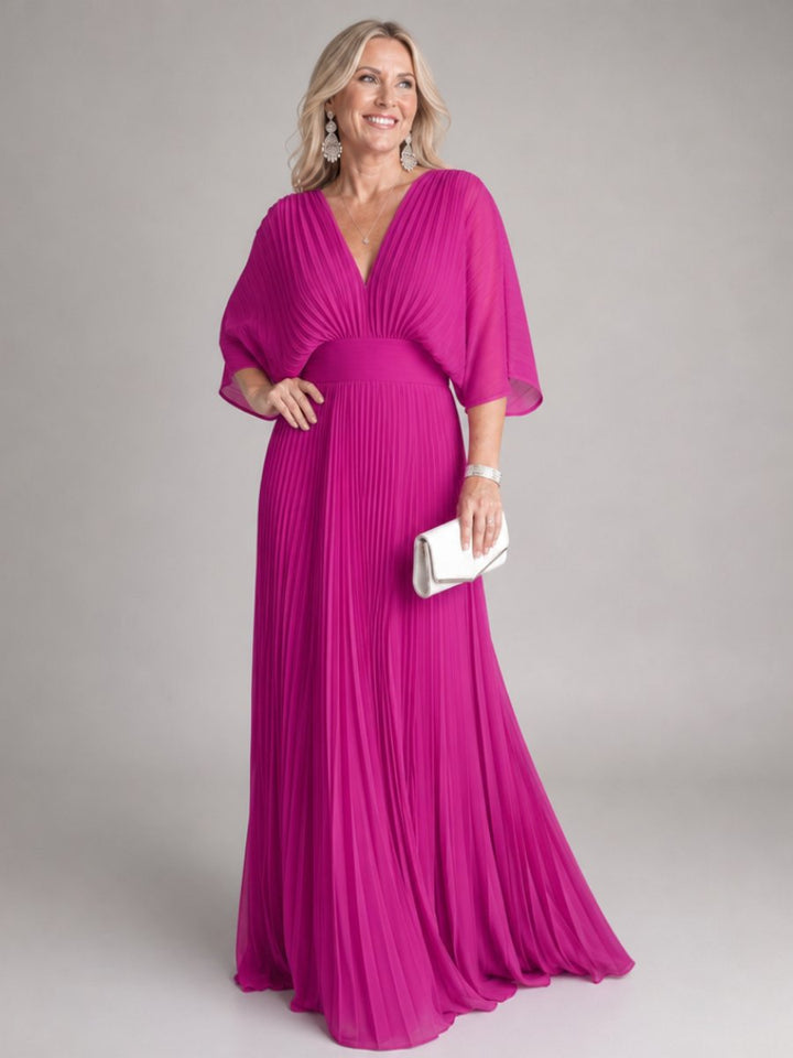 Sophie | Women's Pleated Chiffon Maxi Party Dress V-Neck Cape Sleeves