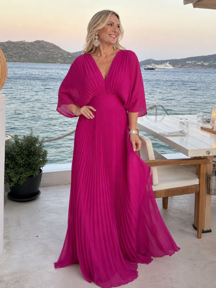 Sophie | Women's Pleated Chiffon Maxi Party Dress V-Neck Cape Sleeves