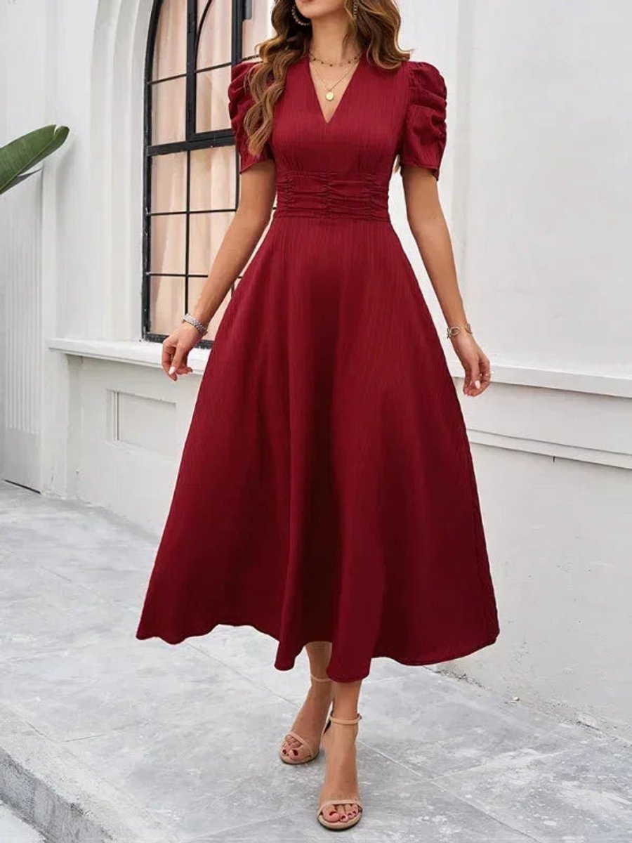 Isla | Women's V-Neck Puff Sleeve Midi Christmas Party Dress